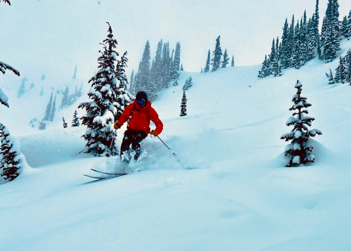 Skier carving through deep powder in a snowy mountain forest